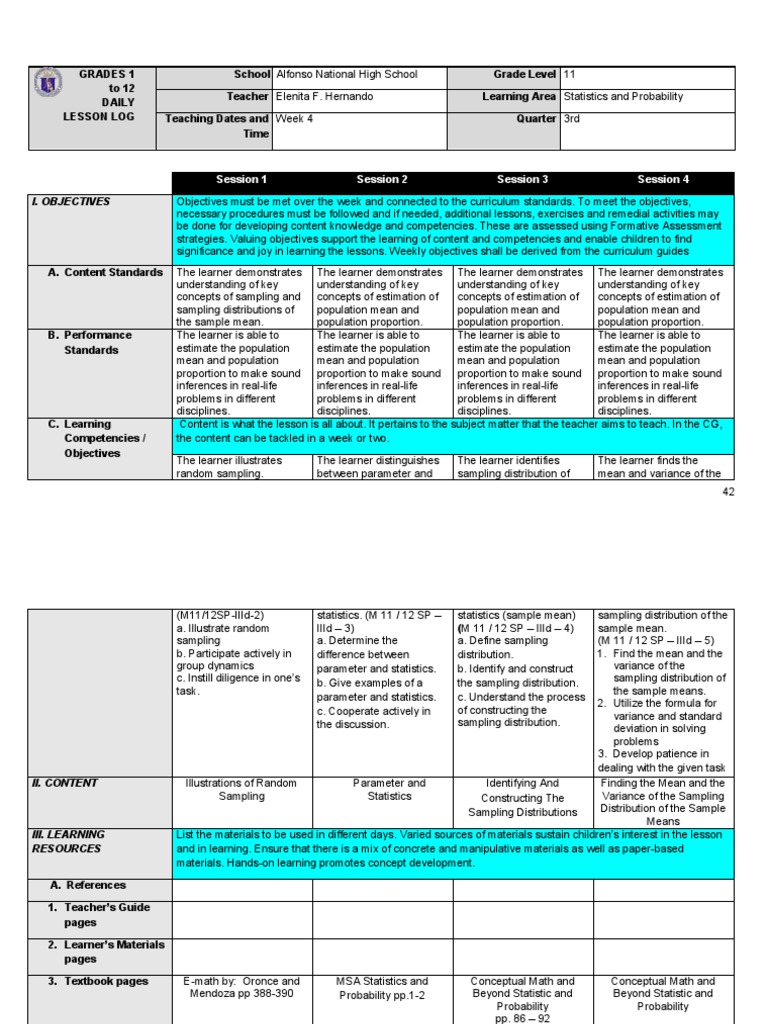 Week 4 Statistics Lesson Plan | PDF | Variance | Sampling (Statistics)