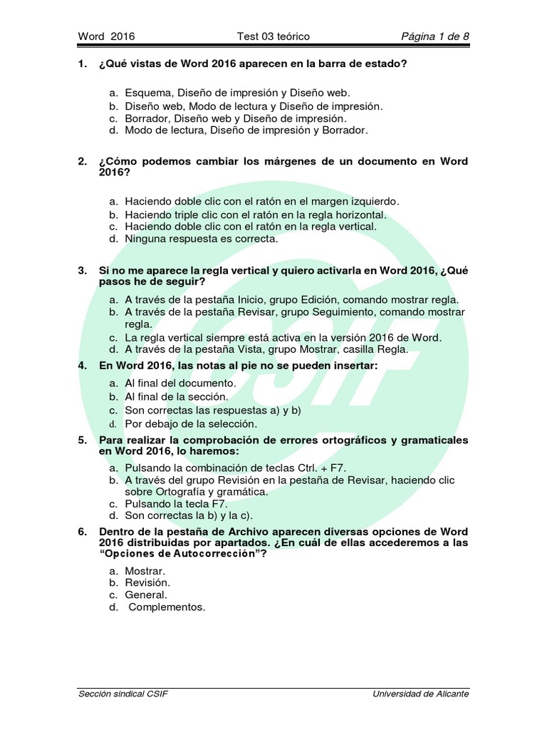 Test Teorico No 3 Word 2016 | PDF | Microsoft Word | Red mundial