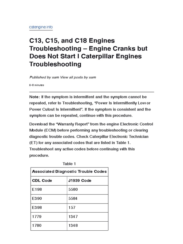 C13, C15, and C18 Engines Troubleshooting Engine Cranks But Does Not