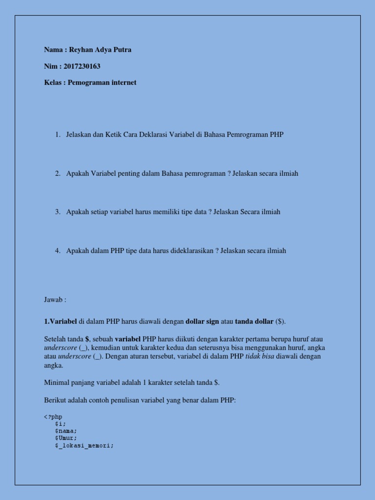 Cara Deklarasi Variabel PHP dan Tipe Data | PDF