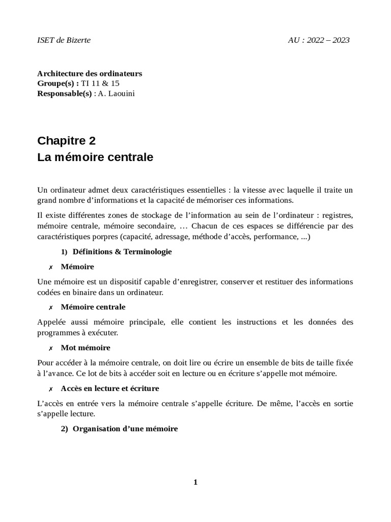 Rôle et caractéristiques de la mémoire centrale | PDF