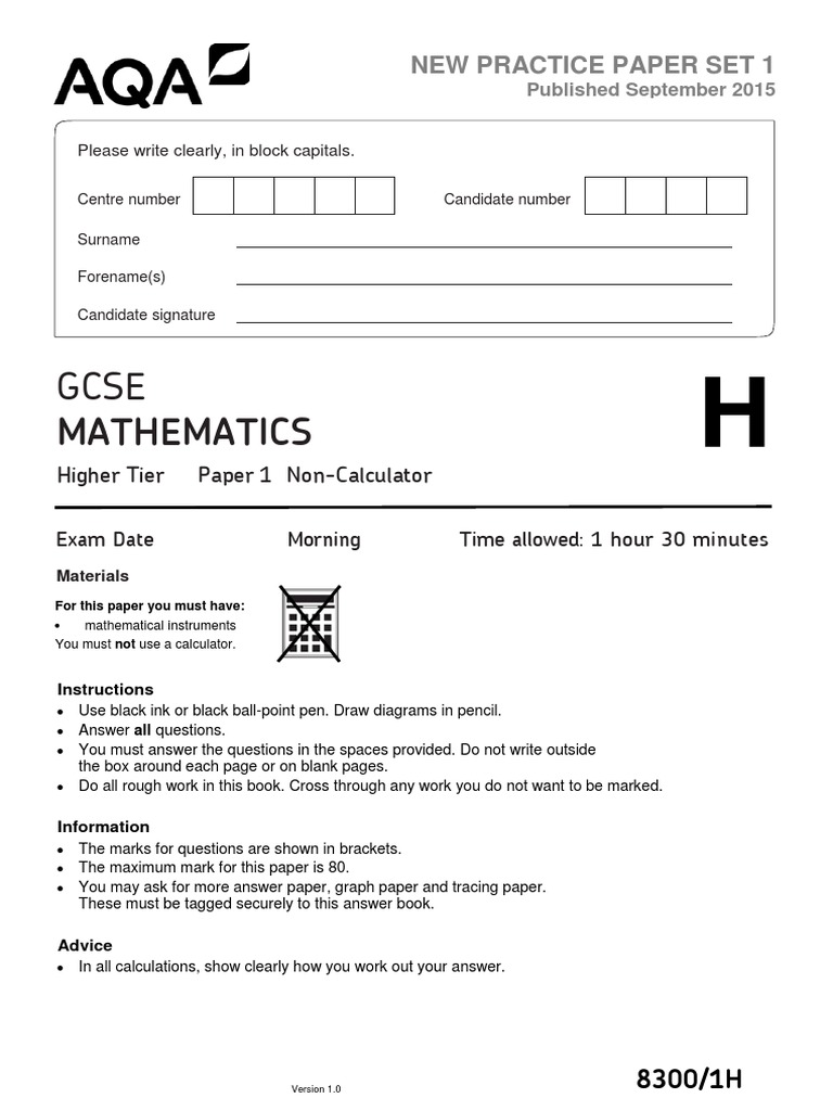 AQA 83001H New Practice Paper Set 1 QP Sept 15 | PDF | Area | Mathematics