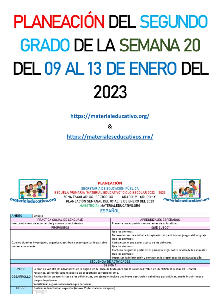 Planeación Semanal 2° Grado: Enero 2023 | PDF | Educación primaria ...