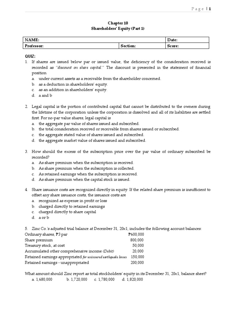 Quiz Chapter10 ShePart1 2021 PDF Retained Earnings Equity (Finance)