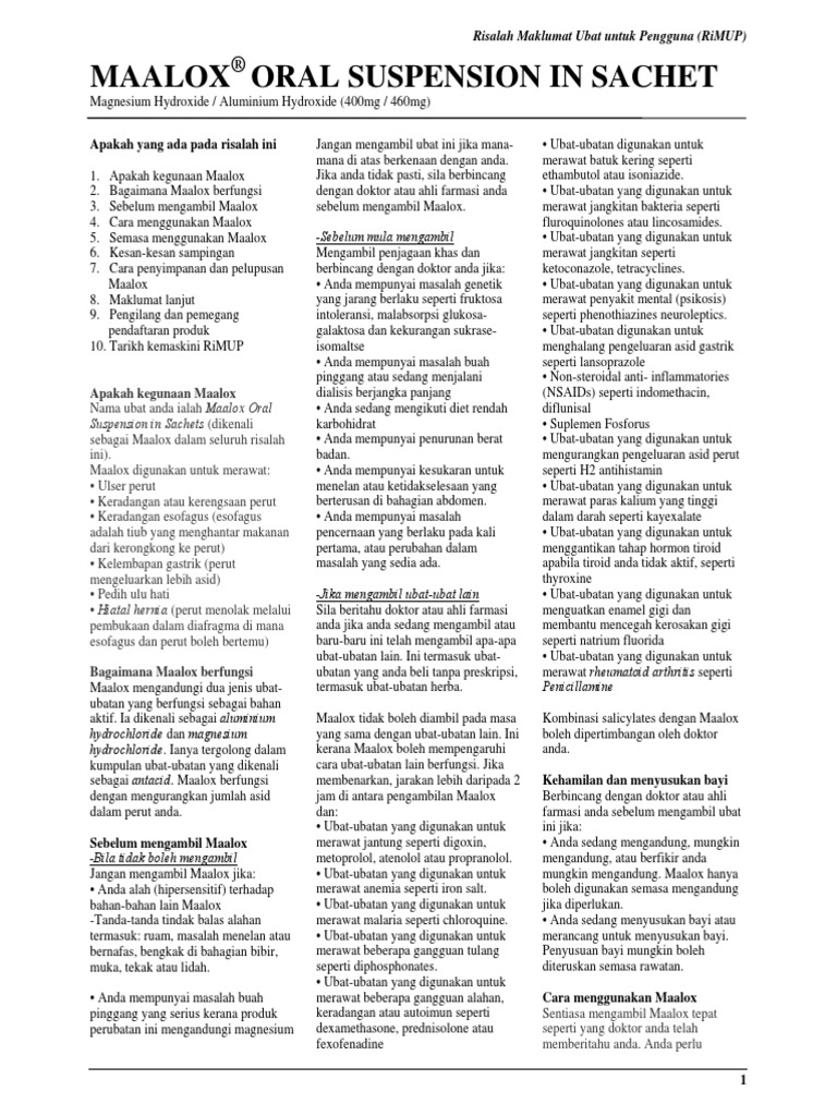 Maalox Oral Suspension in Sachet Magnesium Hydroxide Aluminium