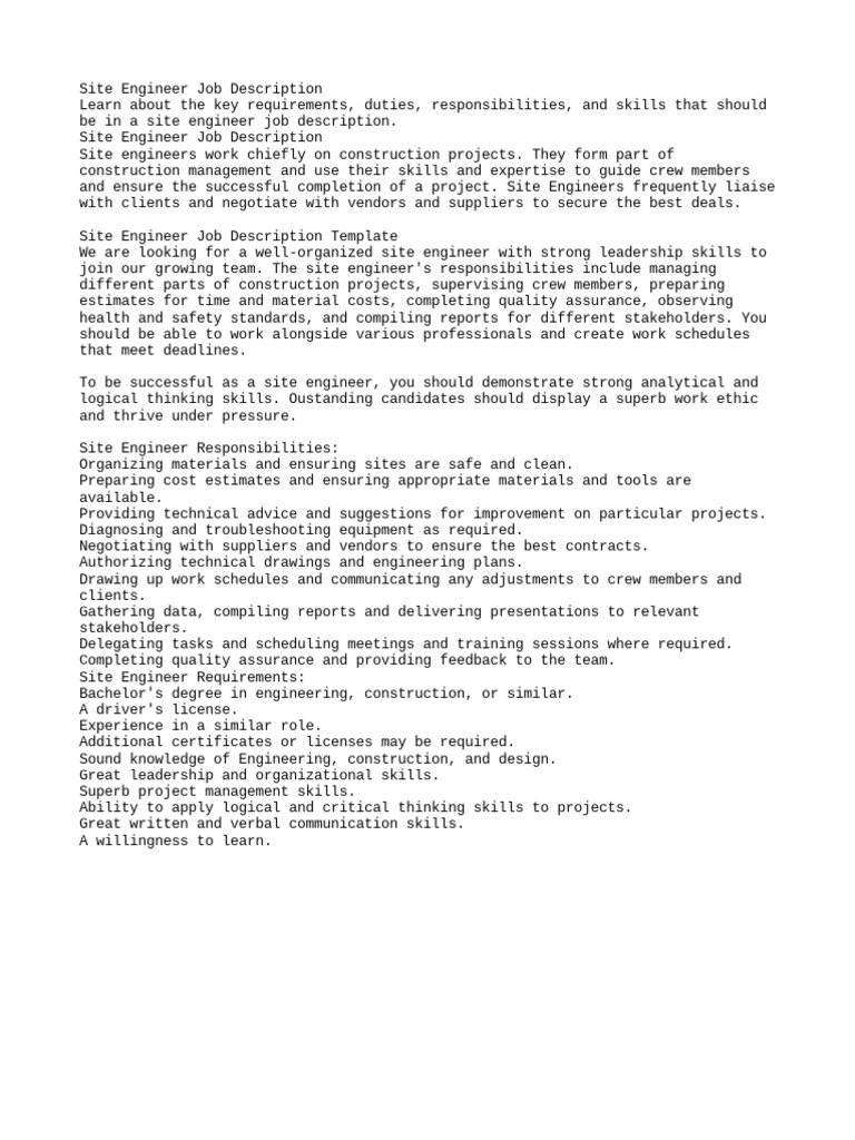 Site Engineer Job Description PDF