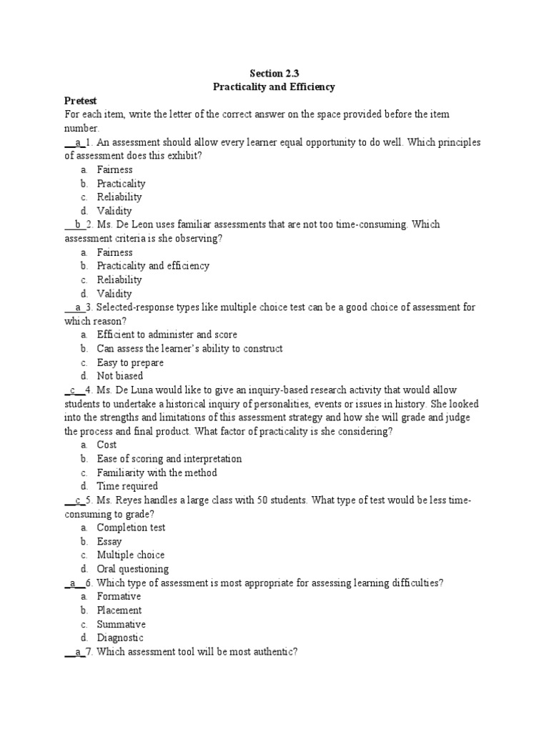 AL 2.3 Practicality and Efficiency PDF Educational Assessment