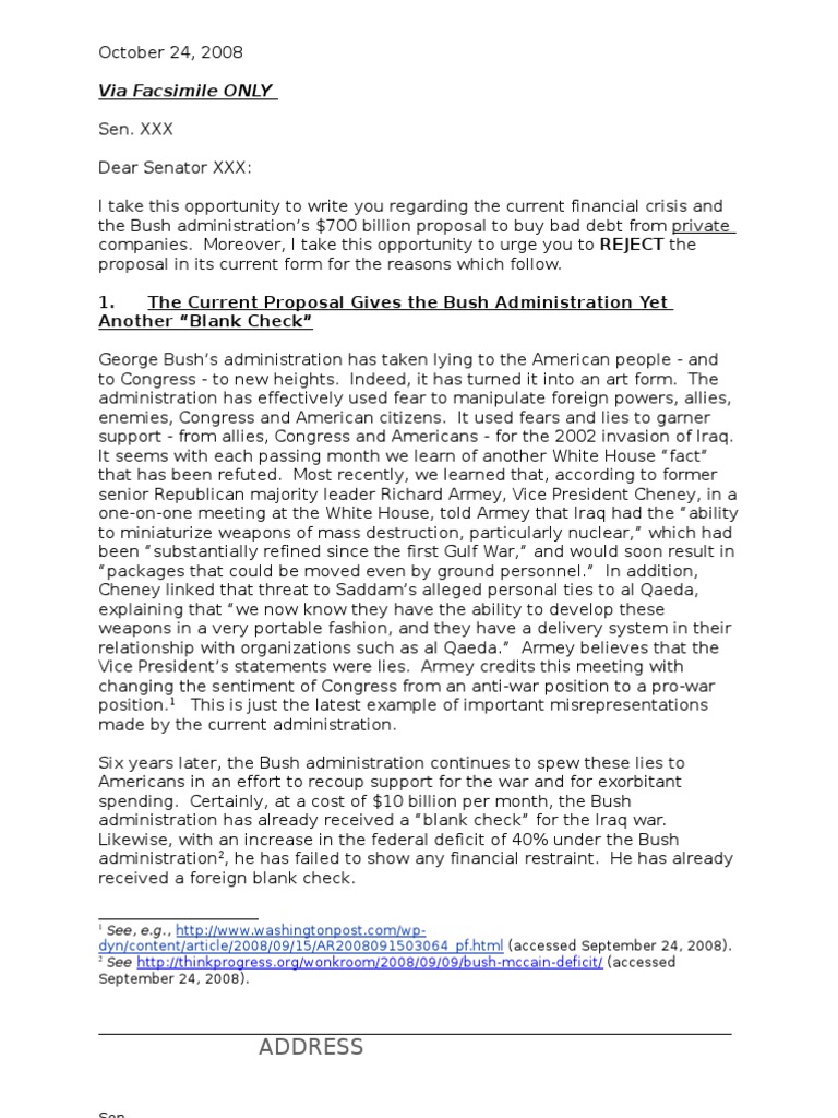 Via Facsimile ONLY: 1. The Current Proposal Gives The Bush ...