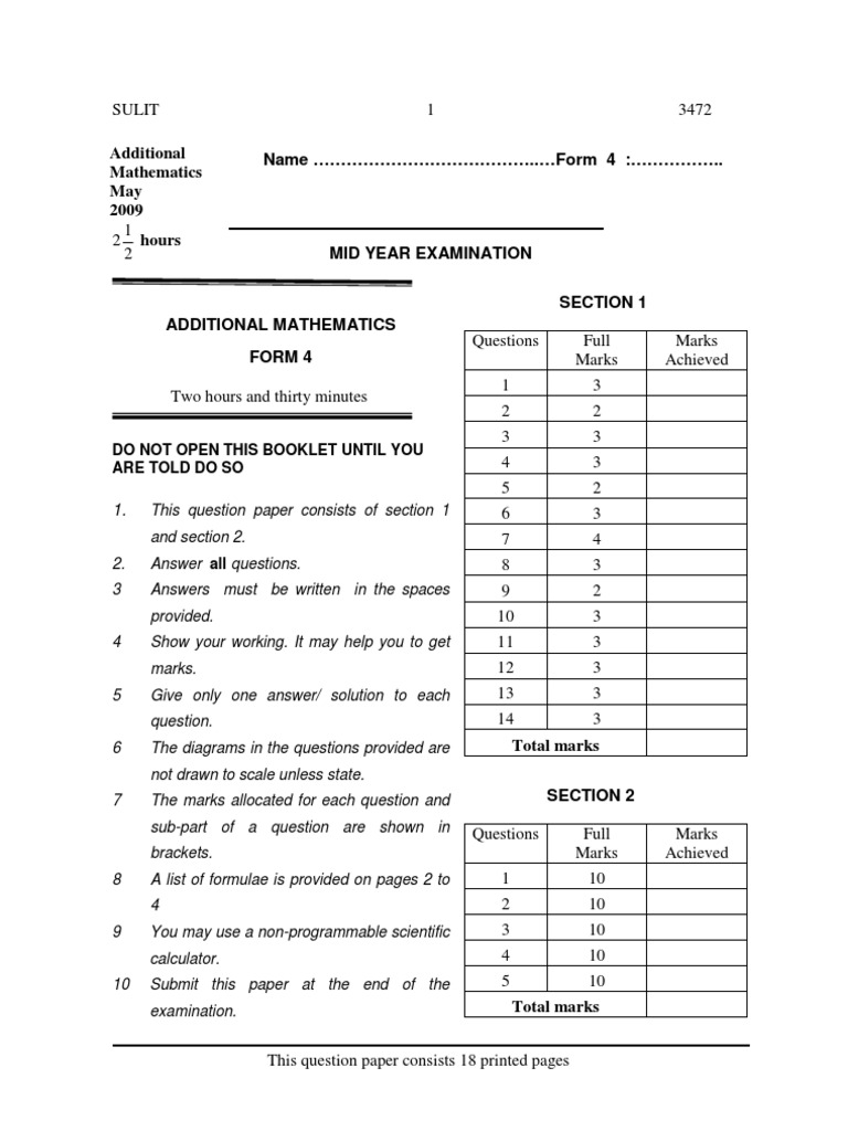 Form 4 Additional Mathematics Exam Paper | PDF | Trigonometric ...