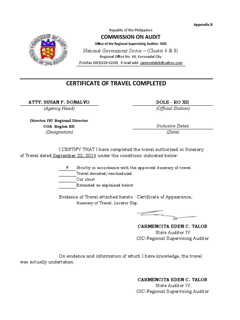 Travel Certification for Carmencita Talob | PDF | Business