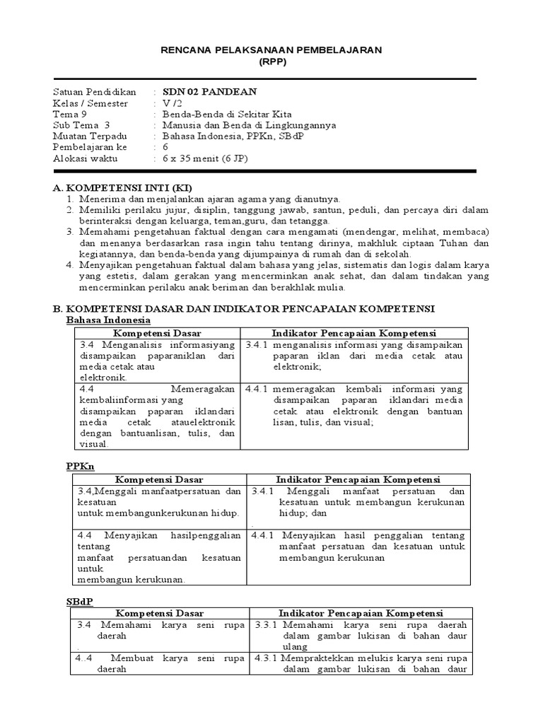 Indikator RPP Pembelajaran Kelas V | PDF