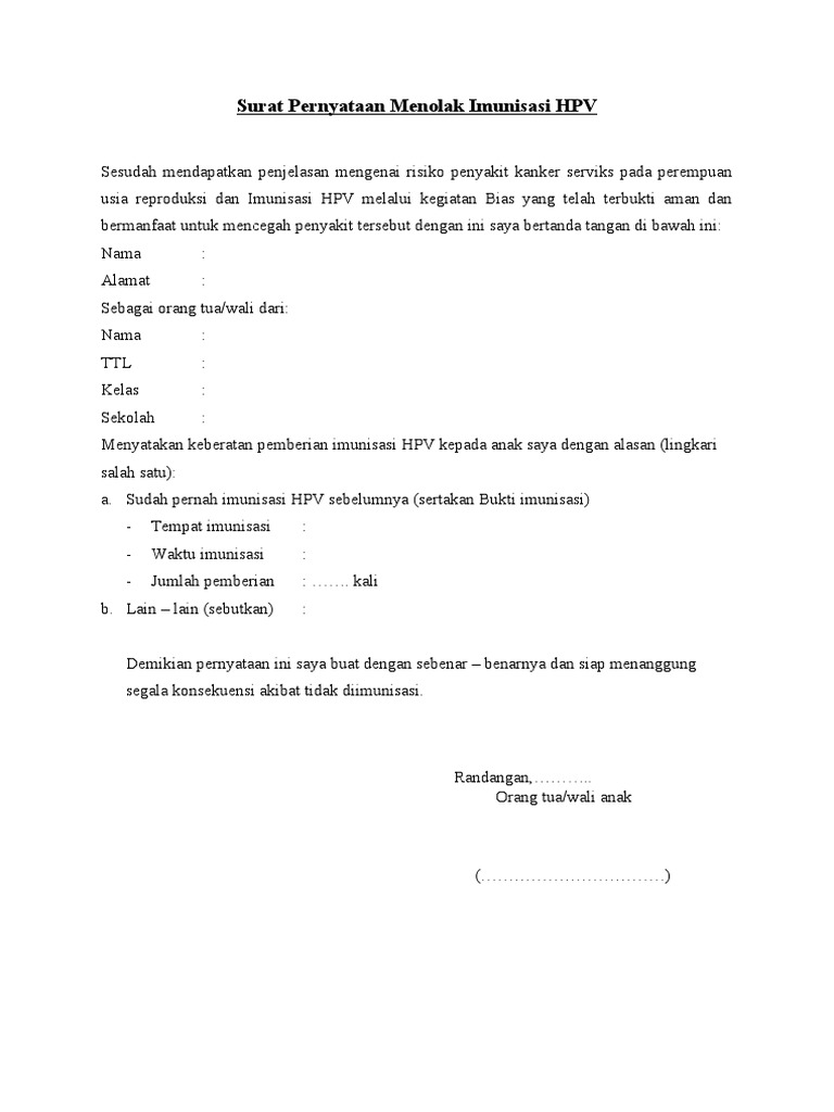 Surat Pernyataan Menolak Imunisasi HPV | PDF