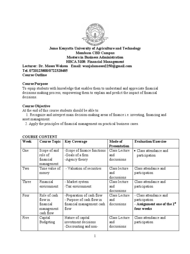 Jkuat Course Outline Financial MGT June, 2021 PDF Lecture