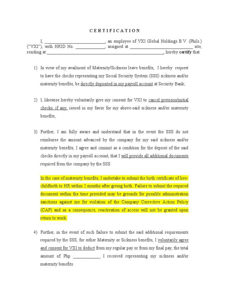 VXI SSS Maternity Benefit Certification | PDF