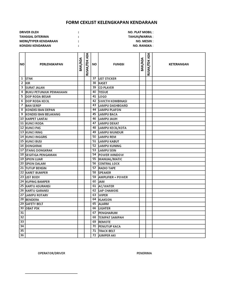 Checklist Kelengkapan Kendaraan Mobil | PDF
