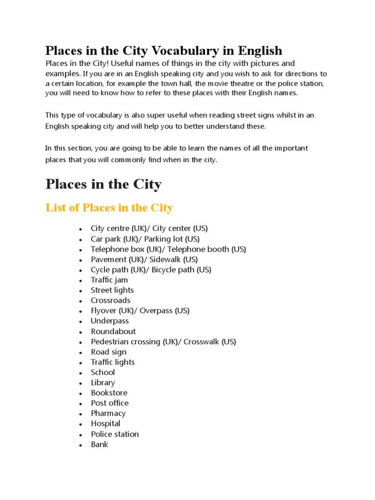Places in The City Vocabulary in English | PDF
