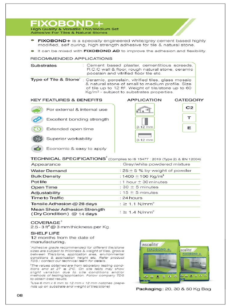 Ascolite Fixobond Plus Tile and Stone Adhesive, Bag, 20 KG PDF