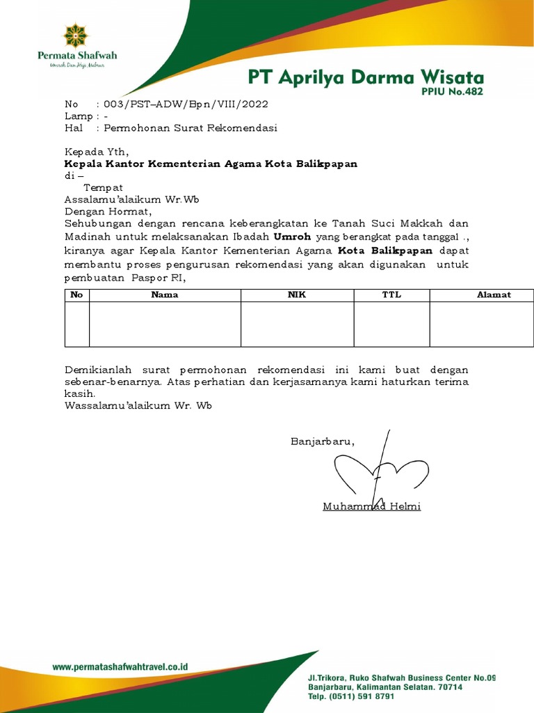 Surat Permohonan Rekomendasi | PDF