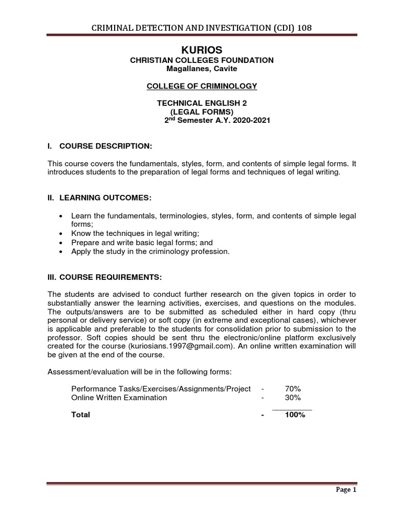 Criminology Legal Forms Course Guide PDF Affidavit Test (Assessment)