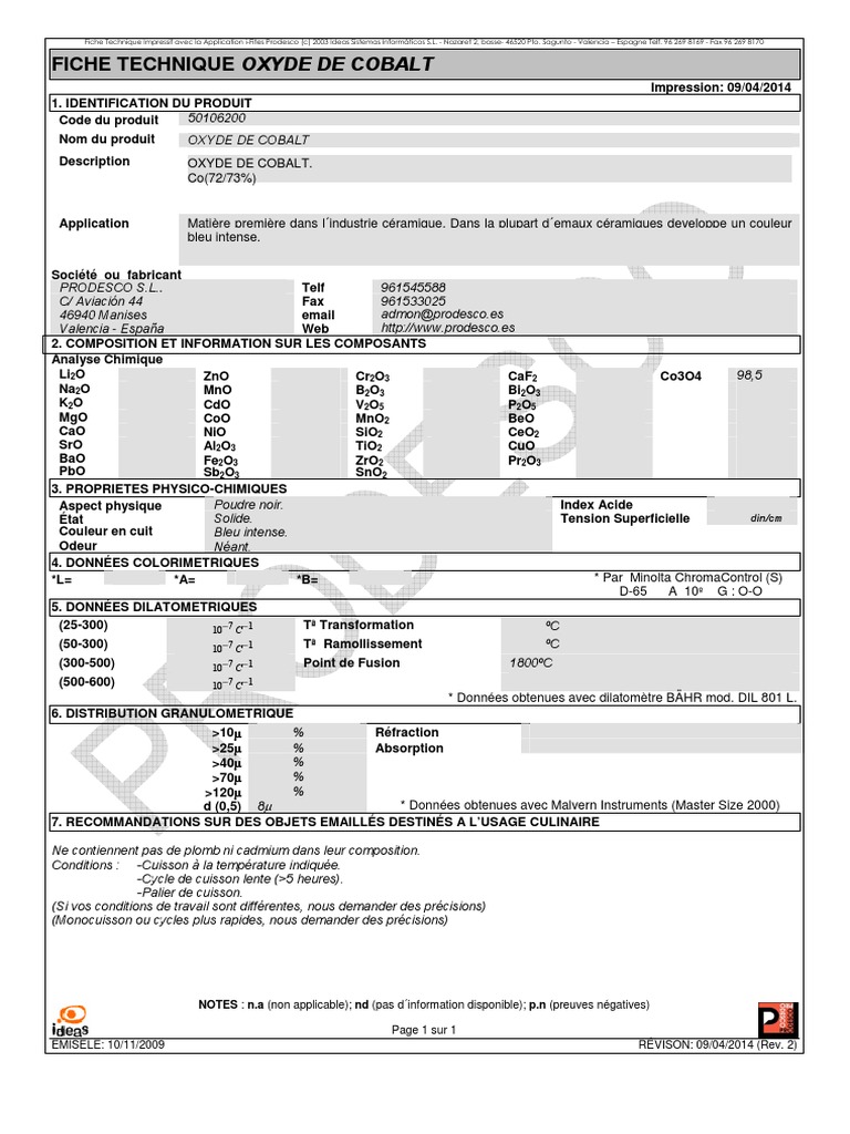 Fiche Technique Oxyde de Cobalt PDF Substances chimiques Atomes — free download