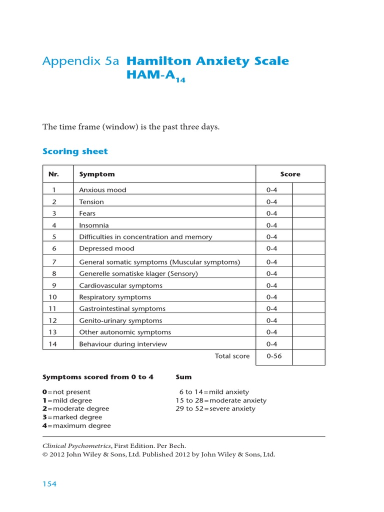 Clinical Psychometrics 2012 Bech Appendix 5a Hamilton Anxiety Scale HAM A14 PDF