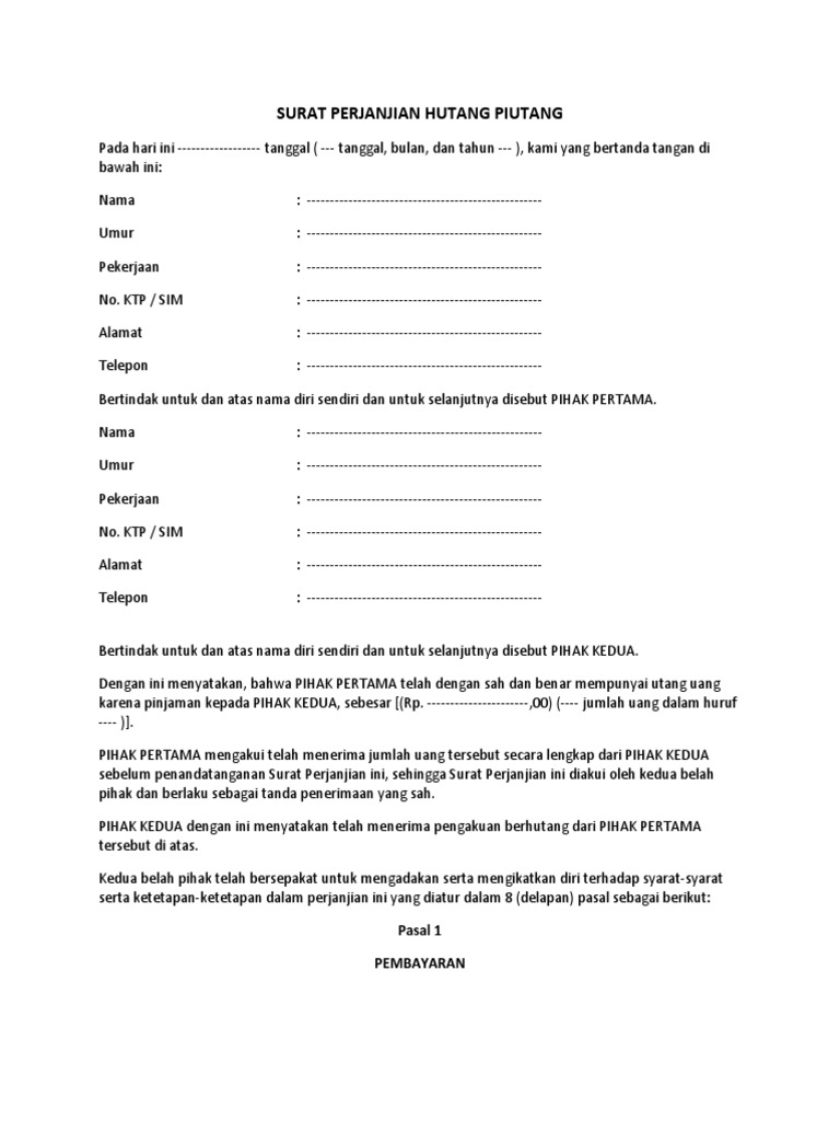 Surat Pernyataan Perjanjian Hutang Piutang Pdf