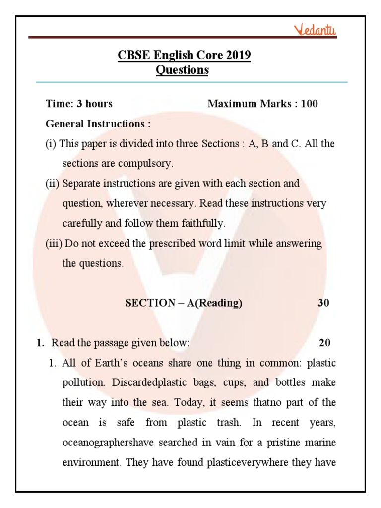 Previous Year English Core Question Paper For Cbse Class 12 2019