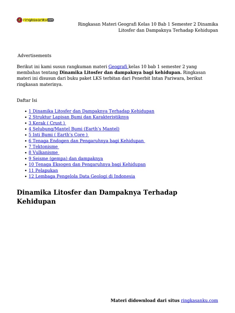 Ringkasan Materi Geografi Kelas 10 Bab 1 Semester 2 Dinamika Litosfer