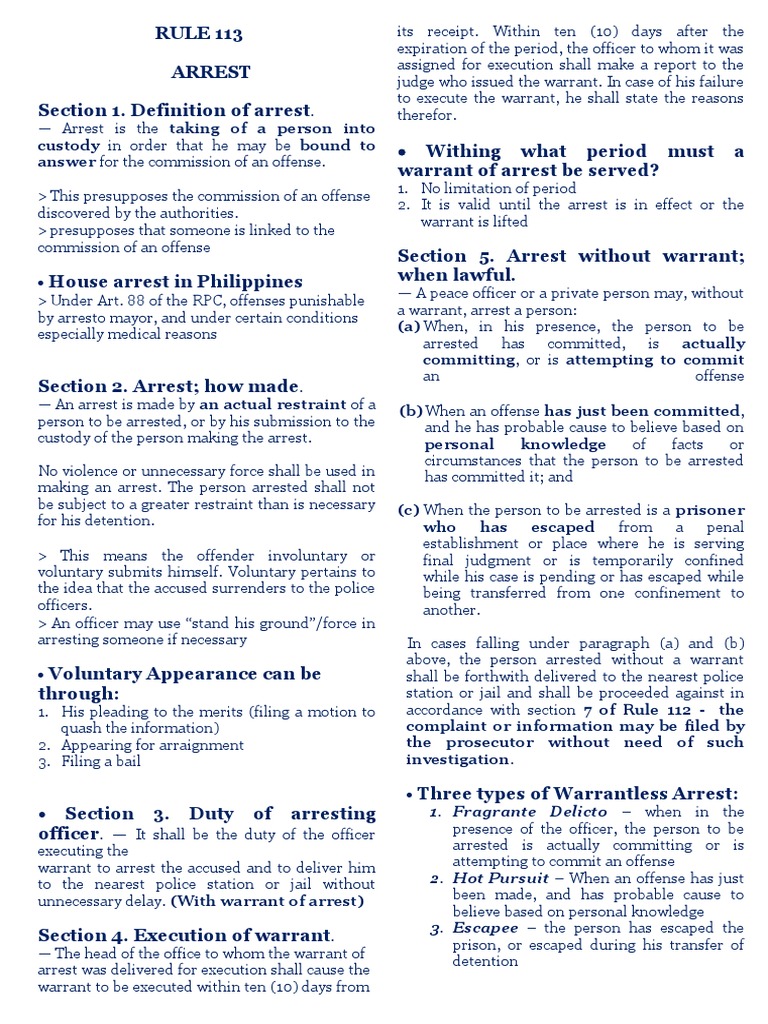 Rights and Procedures Regarding Arrest Under Philippine Law | PDF ...