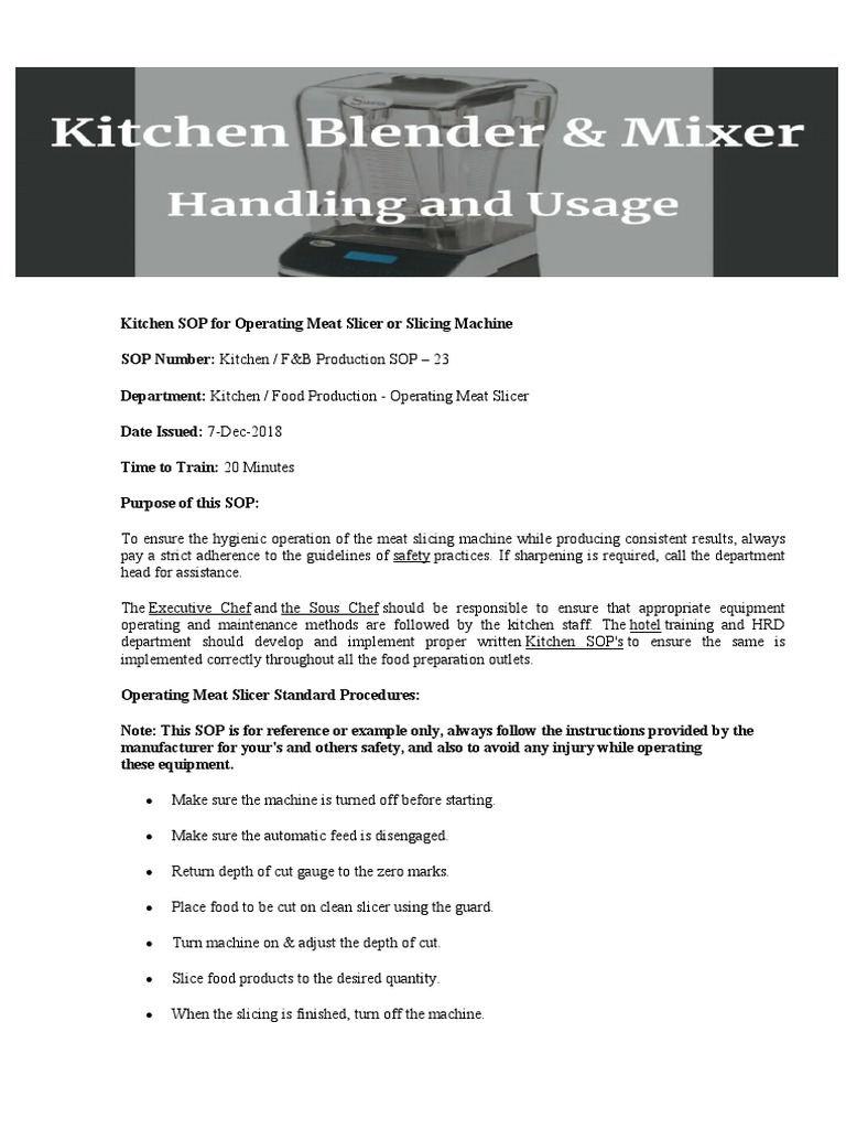 Kitchen SOP For Operating Meat Slicer or Slicing Machine PDF Foods