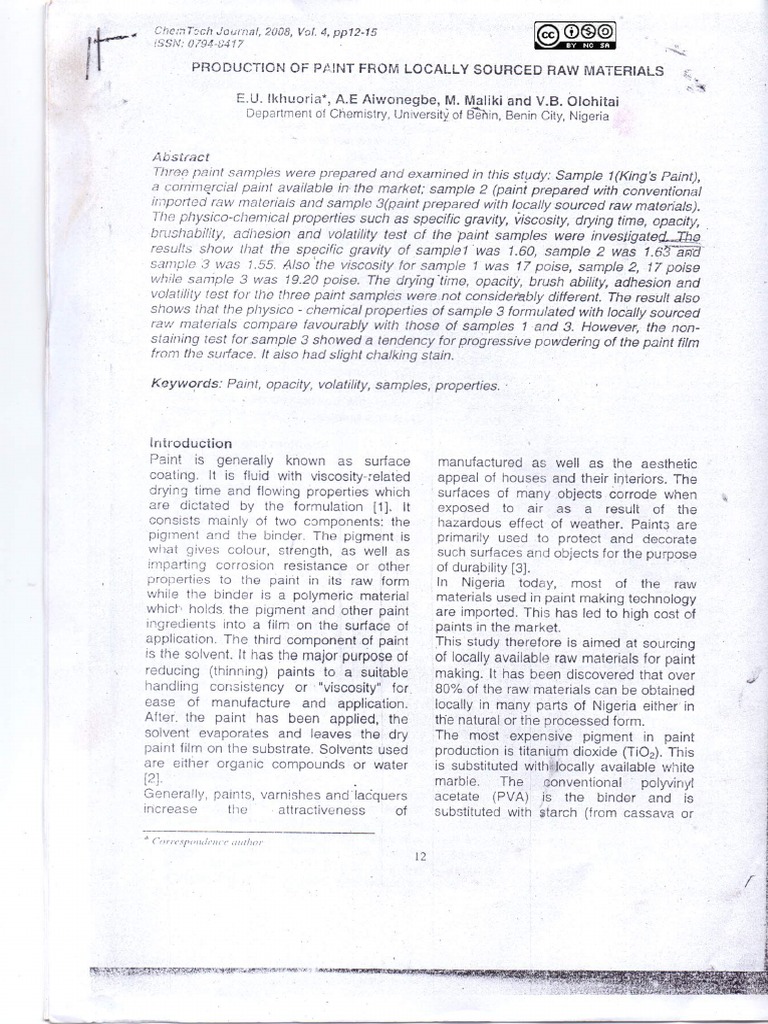 Production of Paint From Locally Sourced Raw Materials PDF