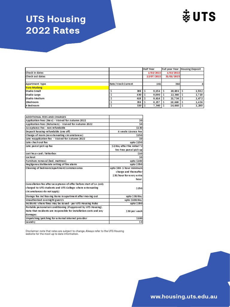 UTS Housing December2021YM Price List PDF Fee