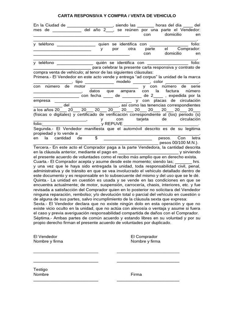 Carta Responsiva Compra Venta Automovil Pdf Reader