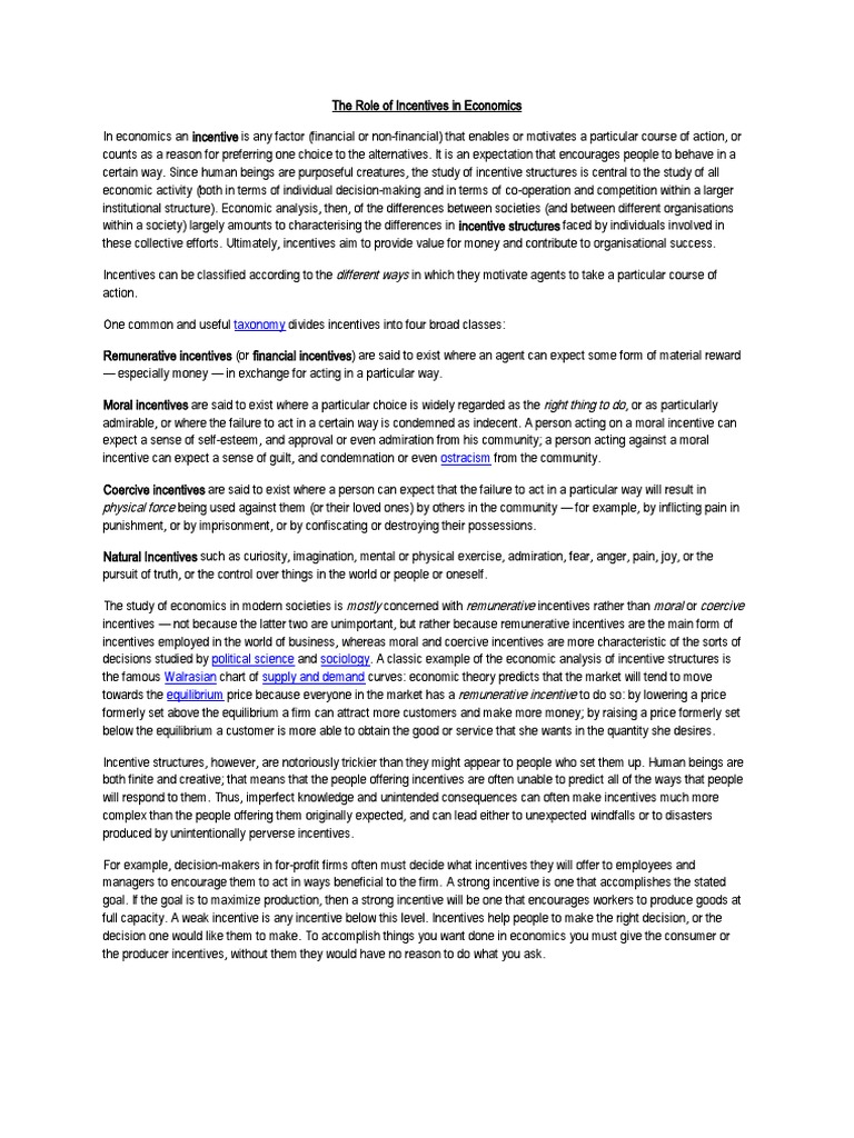 The Role Of Incentives In Economics Pdf Incentive Economic