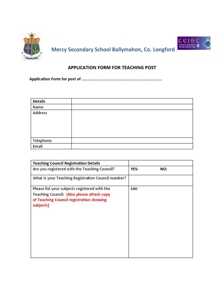 Teaching Post Application Form PDF