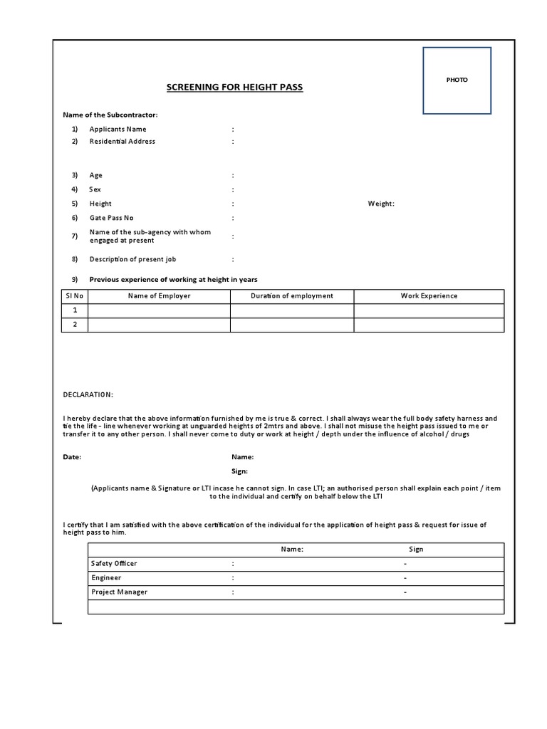 Height Pass Application Form | PDF