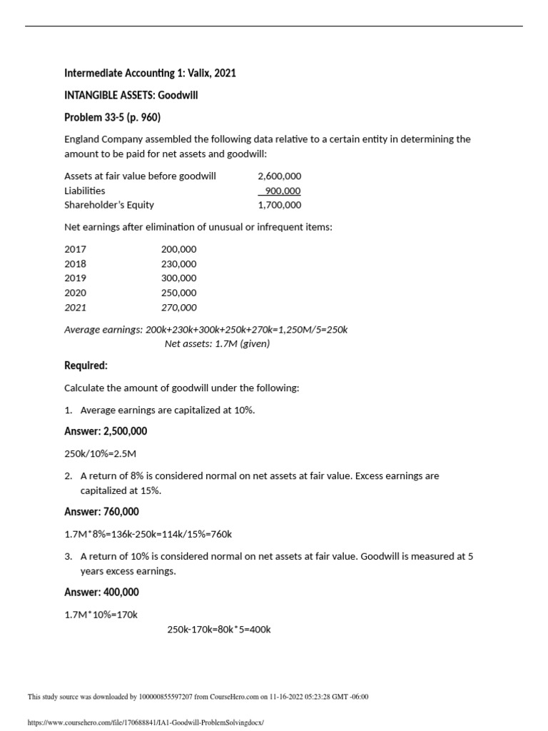 Goodwill Calculation Problems and Solutions | PDF | Goodwill ...