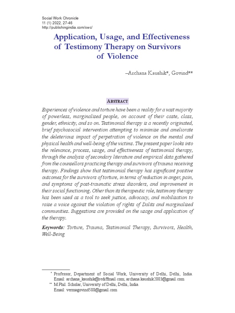 Application, Usage, and Effectiveness of Testimony Therapy On Survivors of Violence PDF