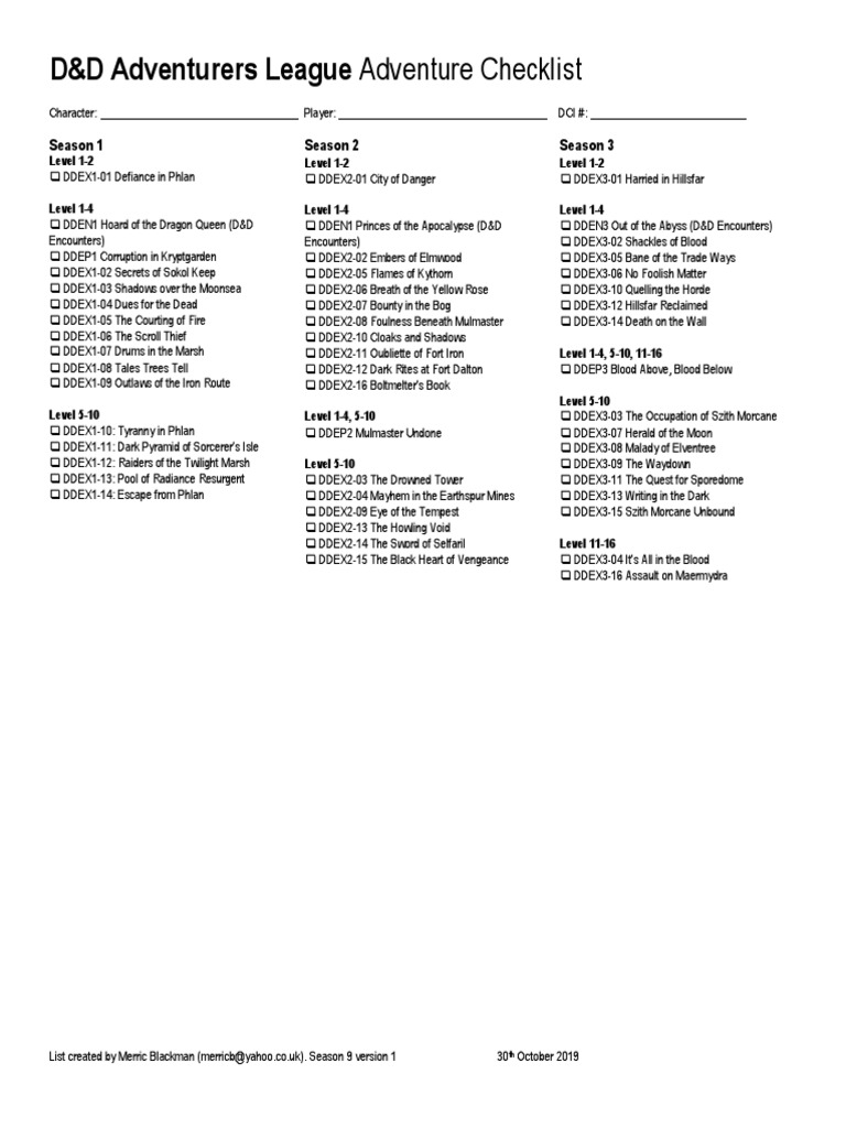 D&D Adventurers League Adventure Checklist PDF Dungeons & Dragons