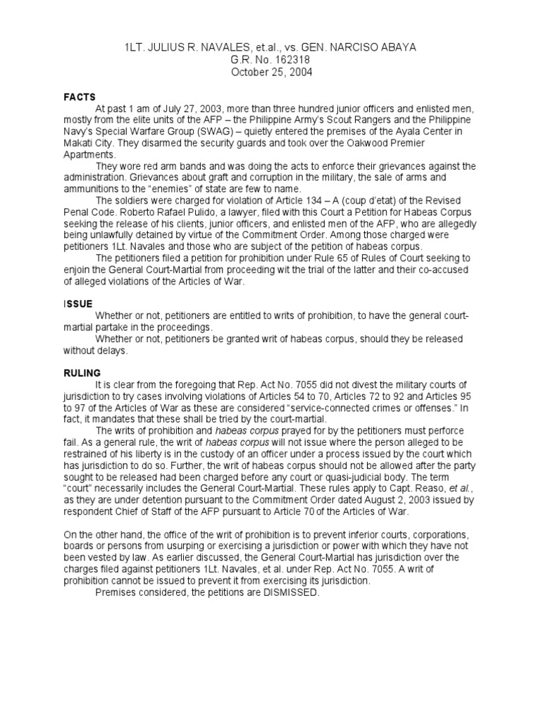1LT. JULIUS R. NAVALES, Et - Al., vs. GEN. NARCISO ABAYA | PDF | Habeas ...