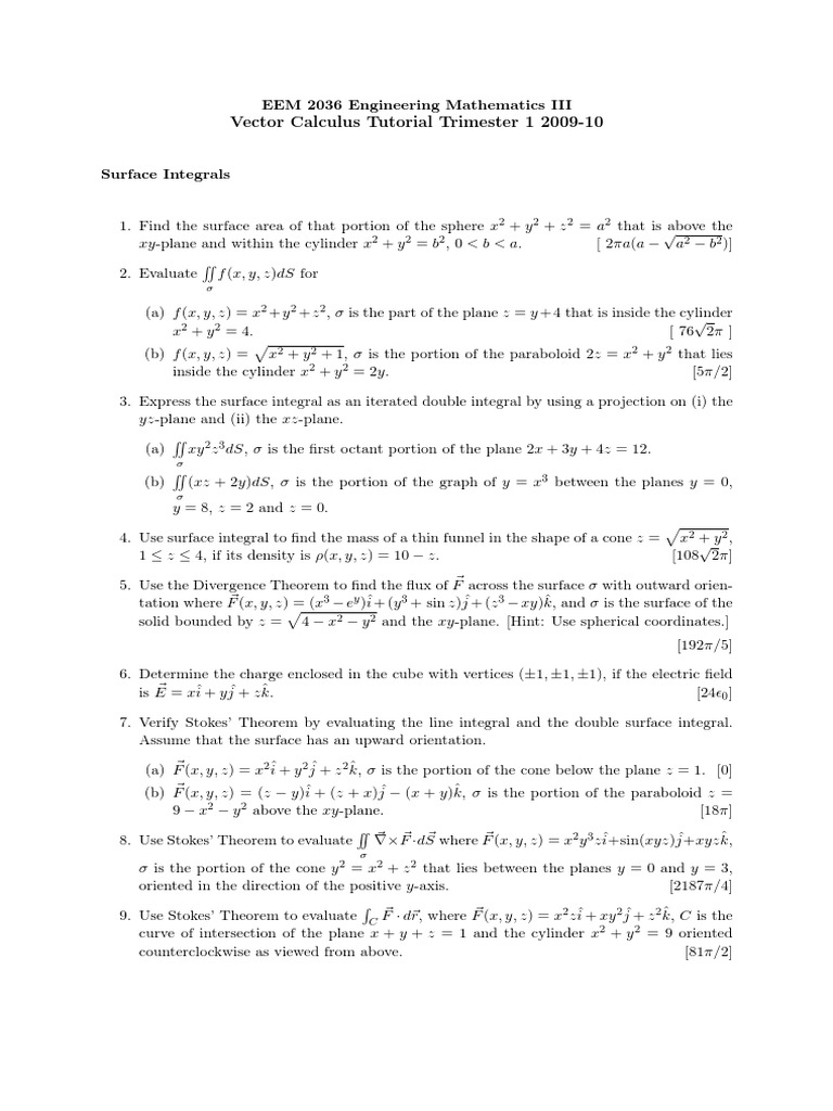 EEM 2036 Engineering Mathematics III Vector Calculus Tutorial | PDF ...