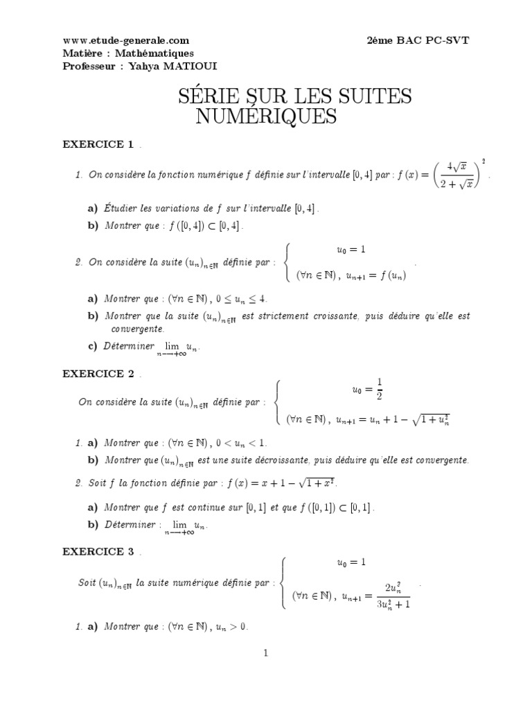 Exercices sur les suites numériques 2 Bac | PDF | Mathématiques ...