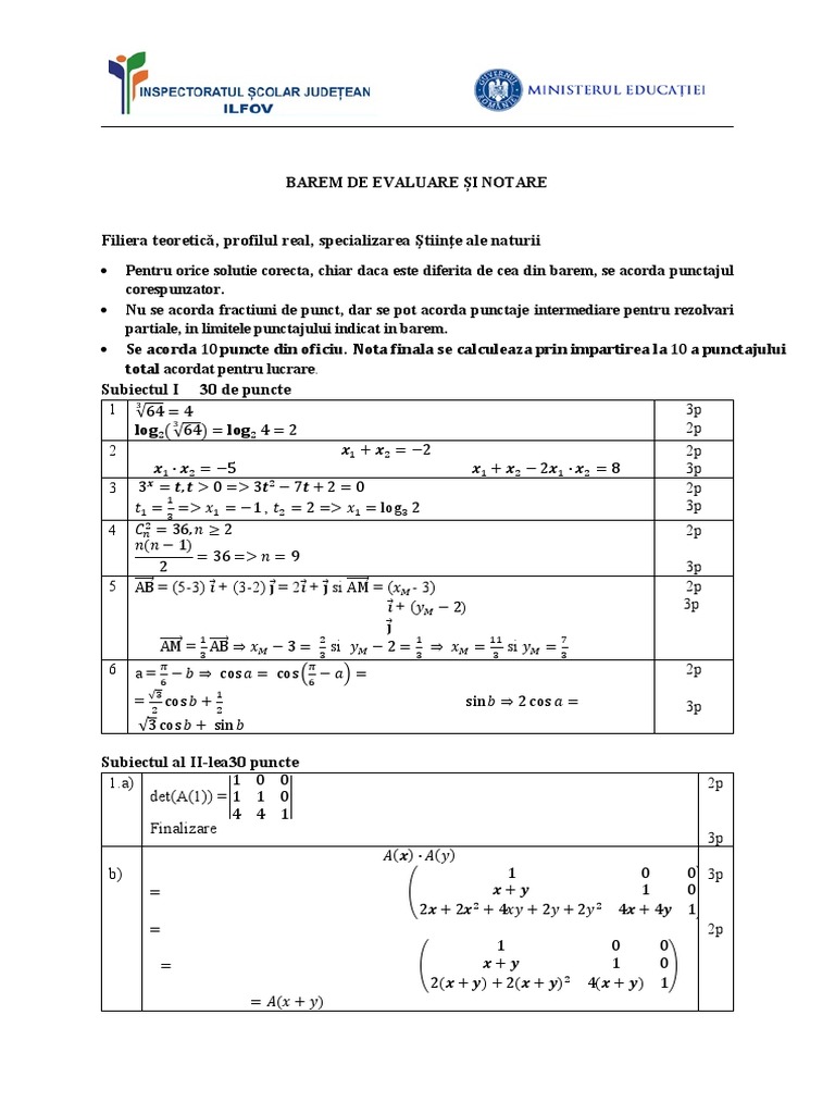 Barem Subiecte Simulare Bac Matematica Noiembrie Stiinte Ale Naturii | PDF
