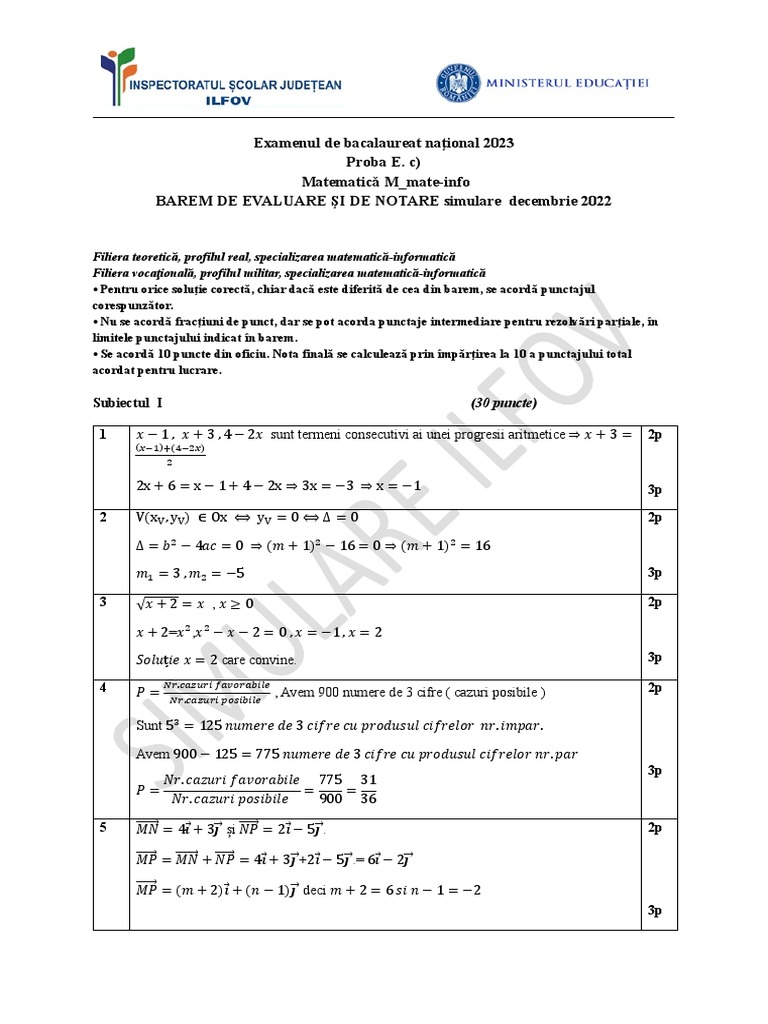 Barem Subiecte Simulare Bac Matematica Decembrie Mate Info | PDF