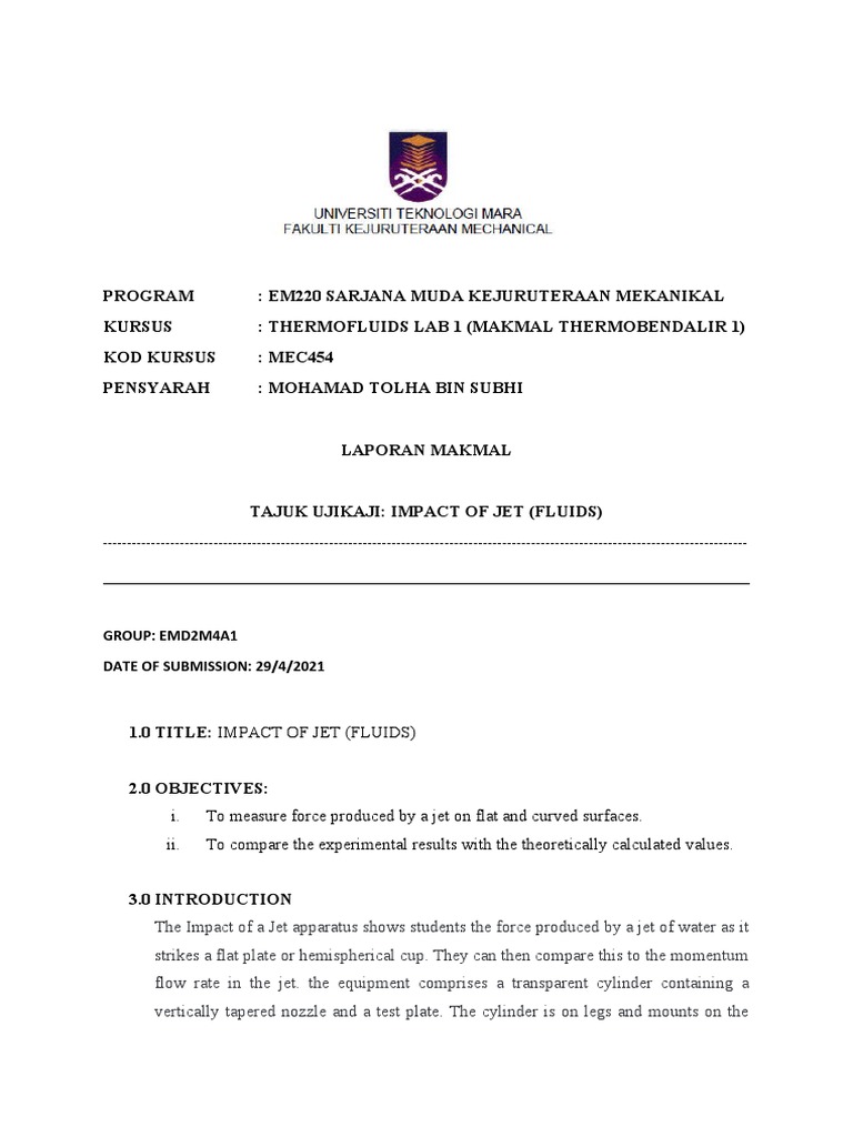 Lab Report Impact of Jet (Fluids) PDF Jet Engine Force