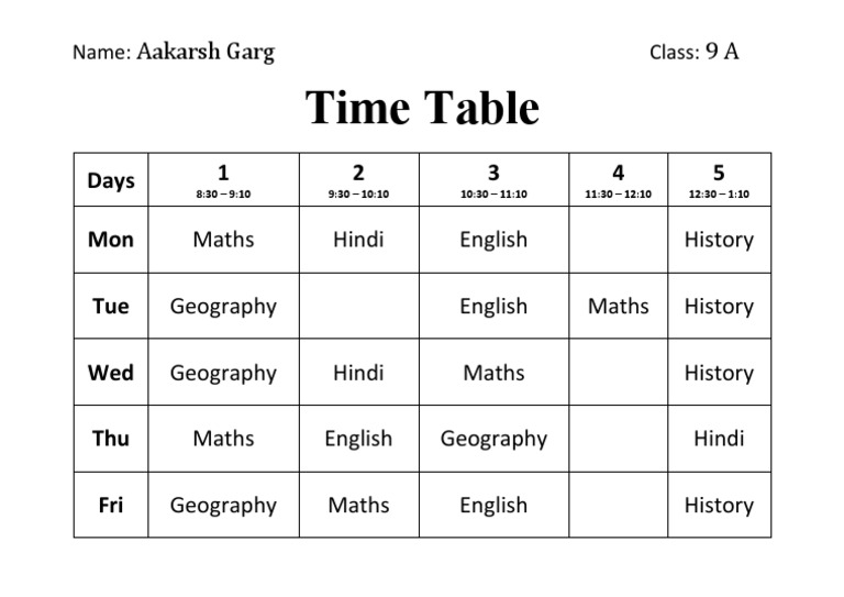 Time table class 9a2 pdf