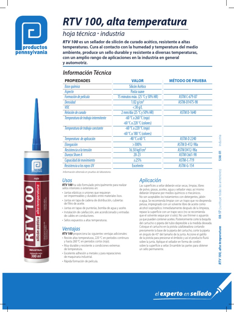 RTV 100: Sellador Silicón Alta Temp. | PDF | Agua | Temperatura