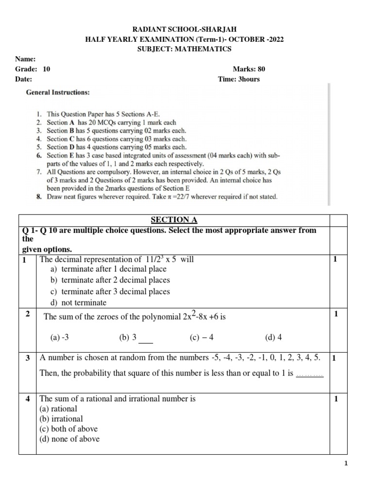 Maths Class10 Paper 1ST Term Exam New PDF Numbers Polynomial