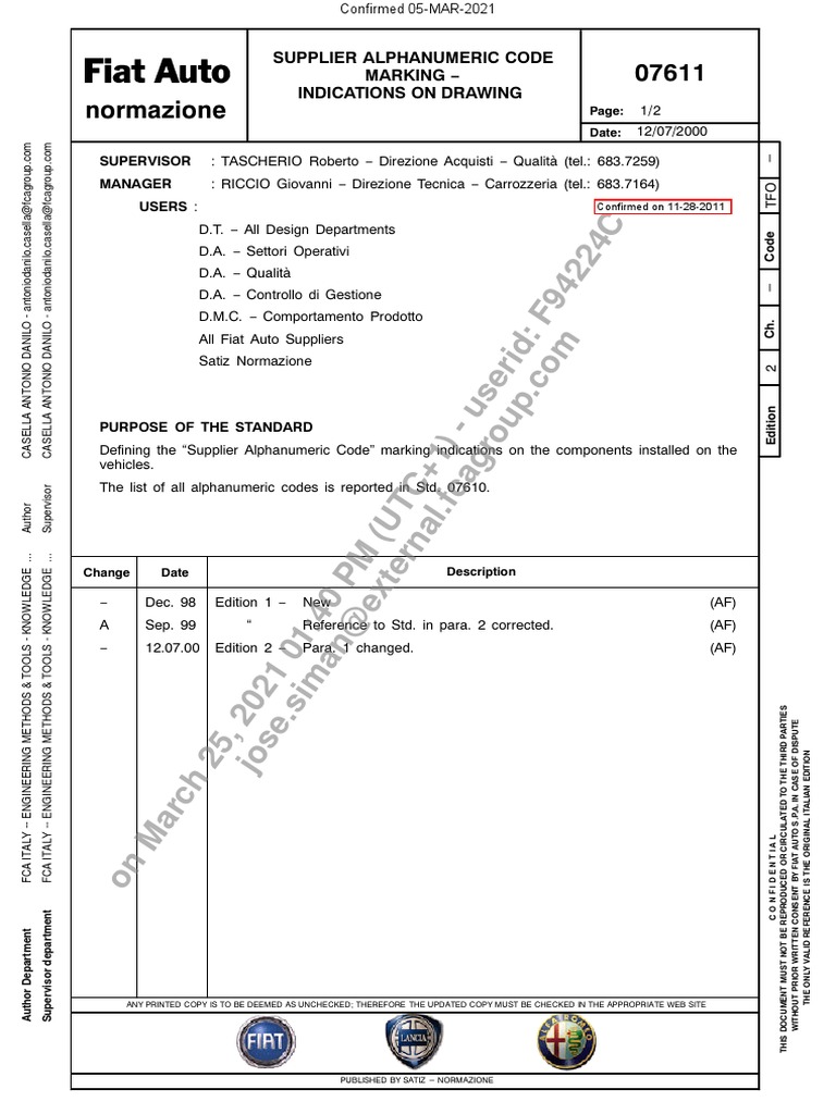 Norma Fiat - Supplier Alphanumeric Code Marking-07611 | PDF