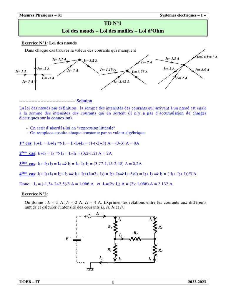 Exercice sur la loi des nœuds et mailles PDF Tension électrique — free download